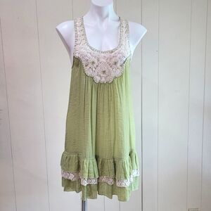 Eunishop Dress Olive Green Cream Crochet Lace Trim Racer Back Ruffle Hem Sz M